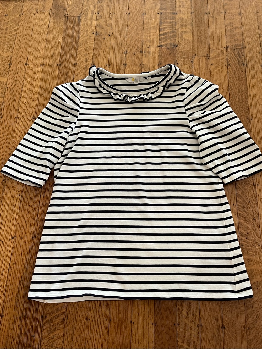 Boden Black & White Striped Ruffle Neck Tee Accent Sleeves